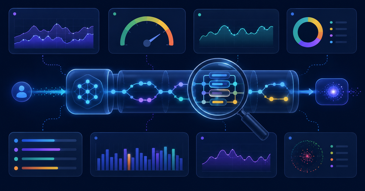 Editorial illustration of a live AI language-model app in production observed through nested tracing spans on a branching timeline, surrounded by monitoring dashboards showing latency, token cost, error rate, and a quality trend drifting over time, representing LLM observability