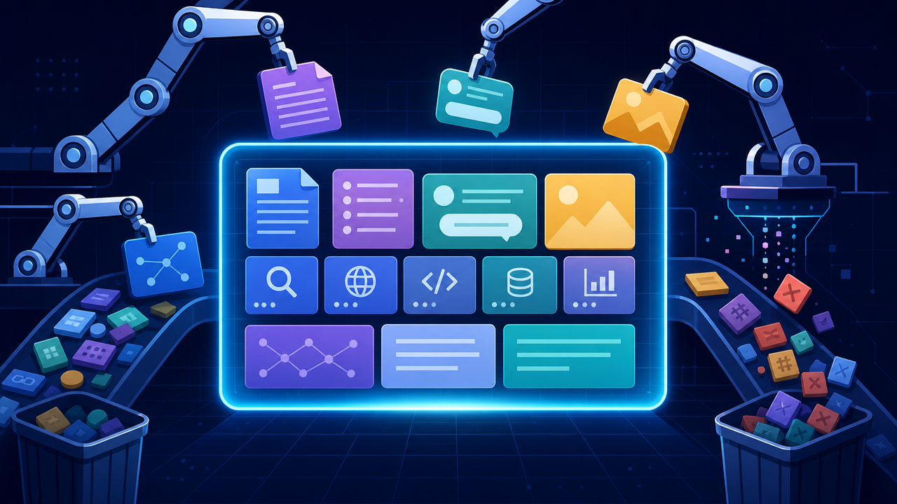 Illustration of a glowing context window being filled with organized information blocks while clutter is filtered out