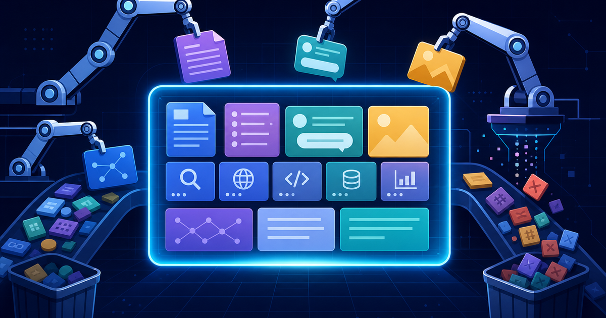 Illustration of a glowing context window being filled with organized information blocks while clutter is filtered out