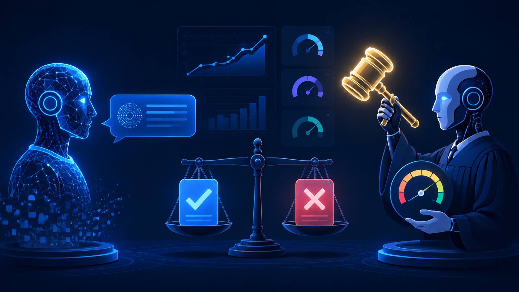 Editorial illustration of one AI language model producing an answer while a second model acts as a judge holding a gavel and a score gauge, with a balanced scale and quality dashboards, representing LLM-as-a-judge evaluation