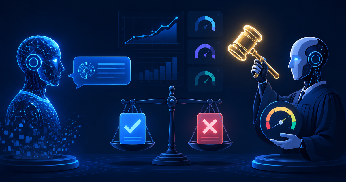 Editorial illustration of one AI language model producing an answer while a second model acts as a judge holding a gavel and a score gauge, with a balanced scale and quality dashboards, representing LLM-as-a-judge evaluation