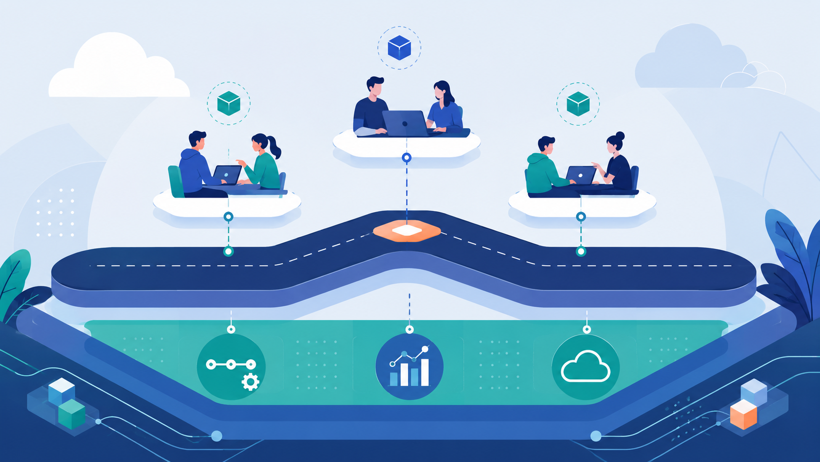 Developer squads consuming a paved-road internal platform built by a platform engineering team