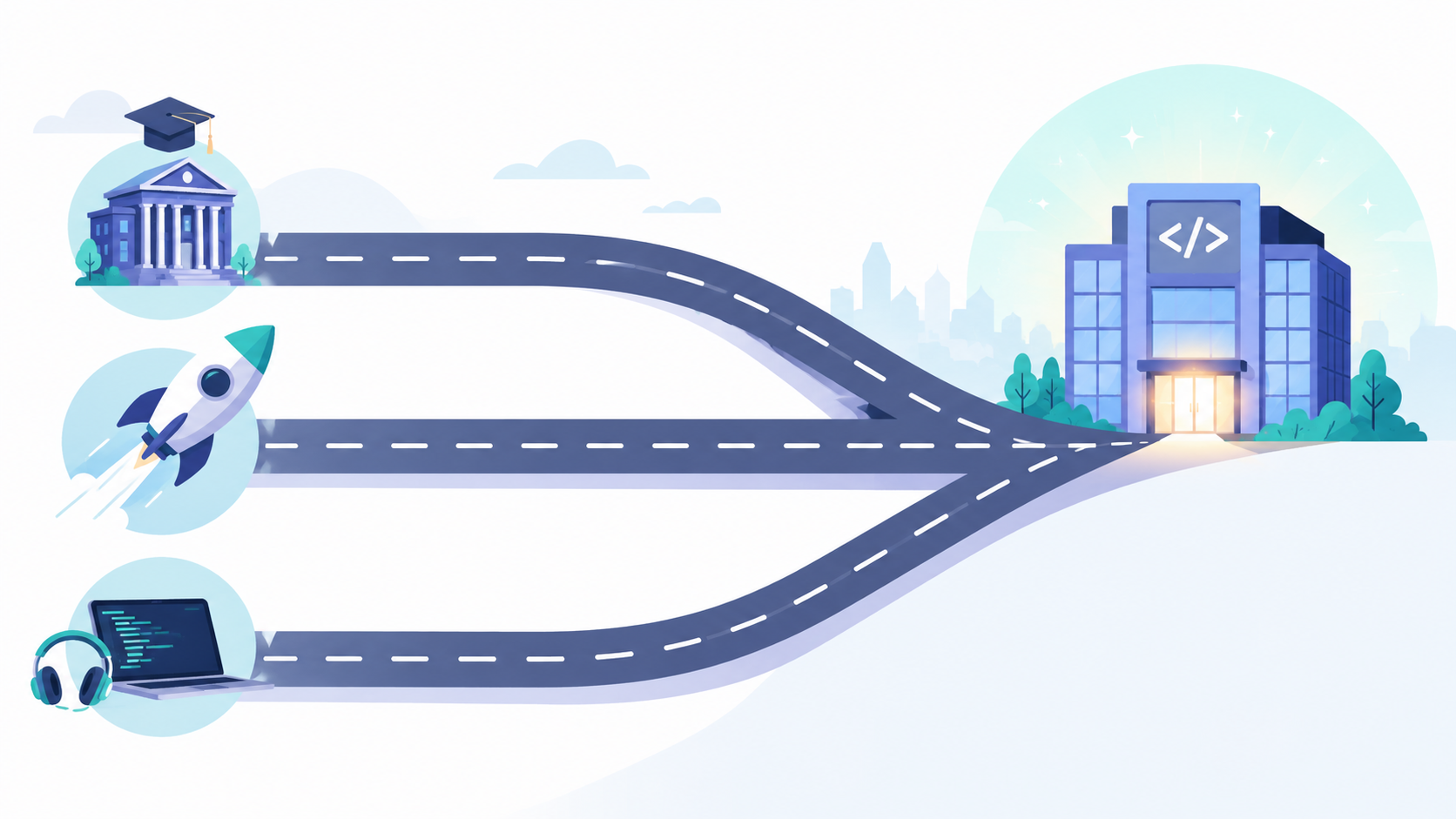 Three career paths into software engineering leading to one job: degree, bootcamp, self-taught