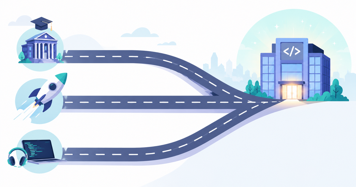 Three career paths into software engineering leading to one job: degree, bootcamp, self-taught