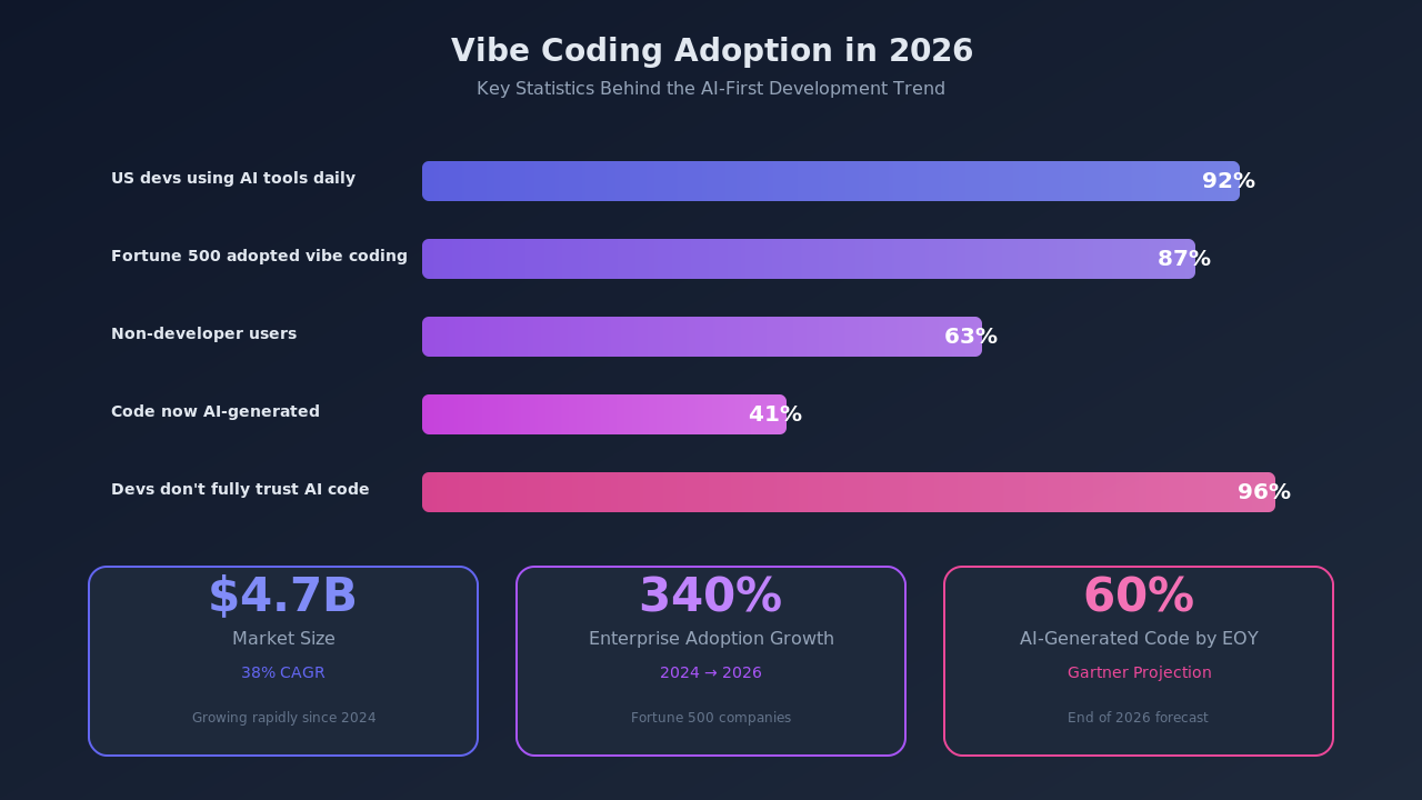 Vibe Coding Adoption Statistics in 2026 showing 92% developer AI tool usage and 4.7B market size