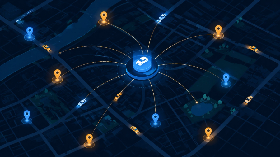 Ride-hailing geospatial matching illustration: a city map with location pins and cars connected to a central dispatch hub