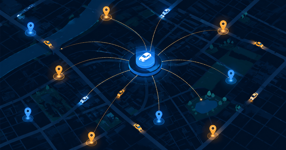 Ride-hailing geospatial matching illustration: a city map with location pins and cars connected to a central dispatch hub