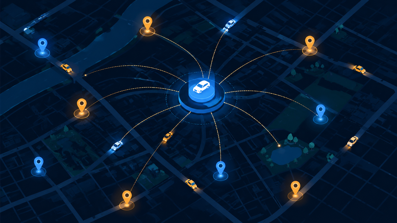 Ride-hailing geospatial matching illustration: a city map with location pins and cars connected to a central dispatch hub