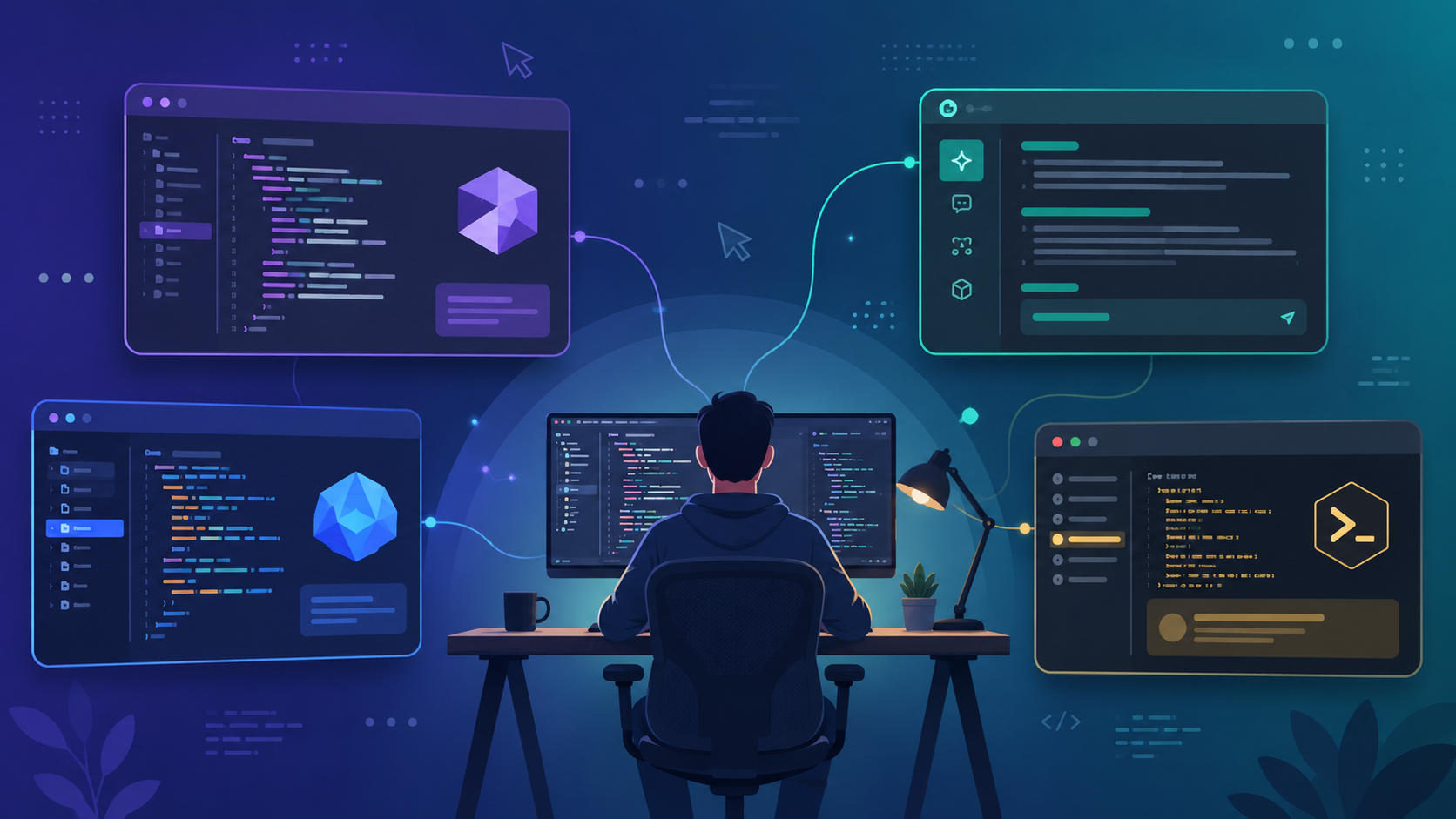 Illustration of AI code editors and terminal agents as Cursor alternatives in 2026