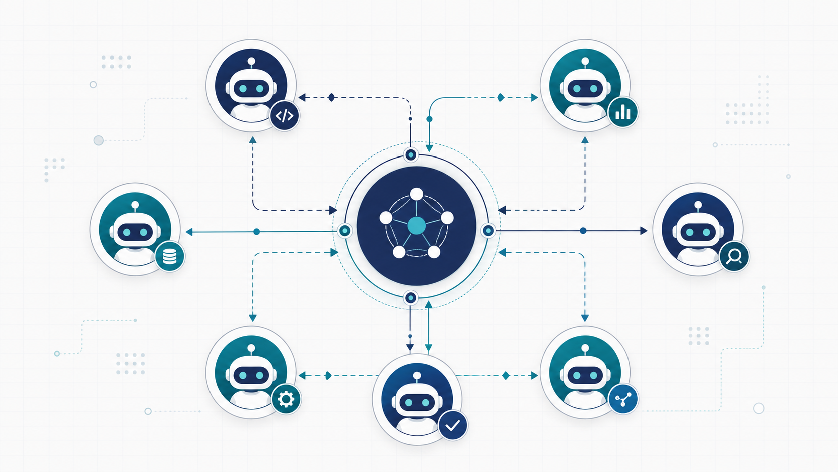 AI agent orchestration: a coordinator hub routing work to multiple AI agent nodes