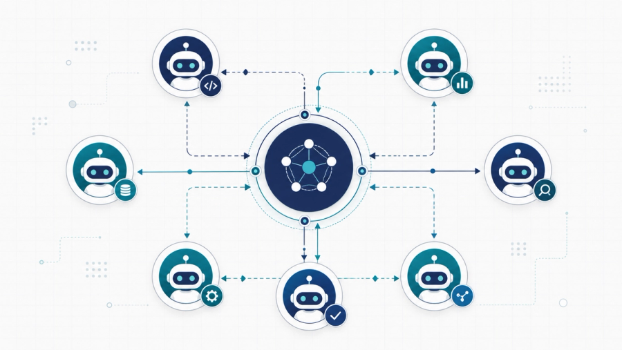 AI agent orchestration: a coordinator hub routing work to multiple AI agent nodes