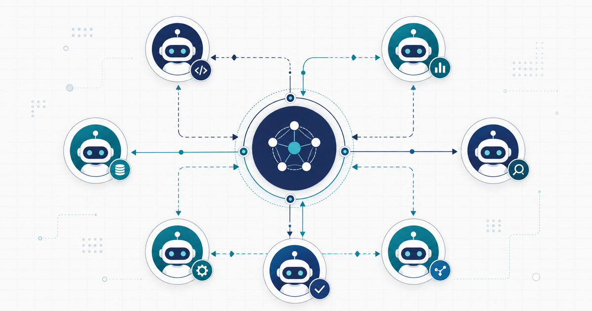 AI agent orchestration: a coordinator hub routing work to multiple AI agent nodes