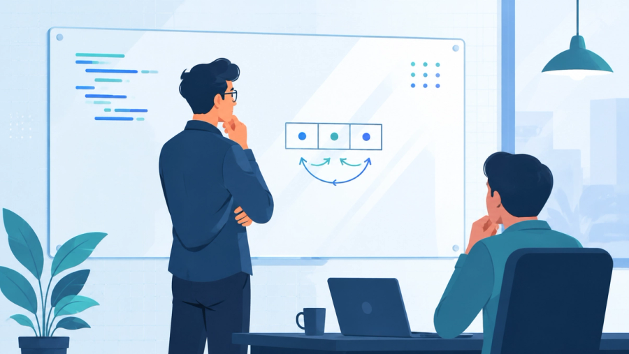 A software engineer pausing at a whiteboard during a coding interview, working through a small example