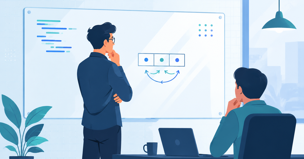 A software engineer pausing at a whiteboard during a coding interview, working through a small example