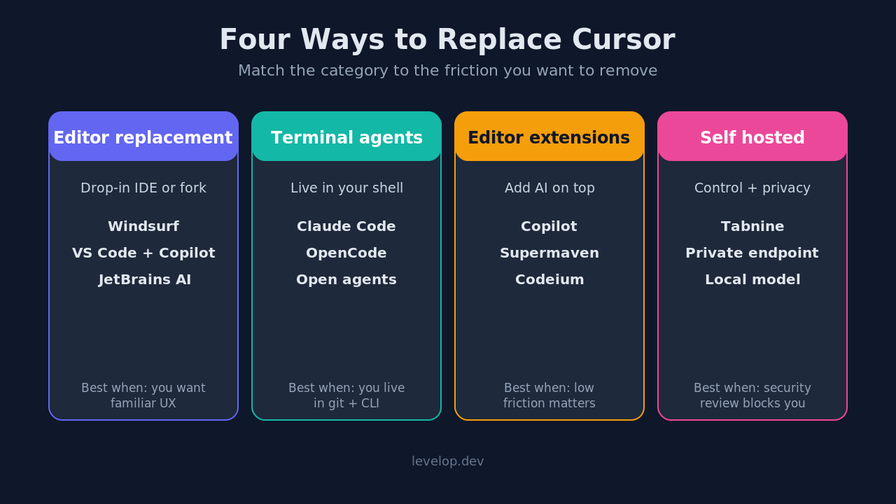 Four categories of Cursor alternatives: editor replacements, terminal agents, editor extensions, and self hosted options