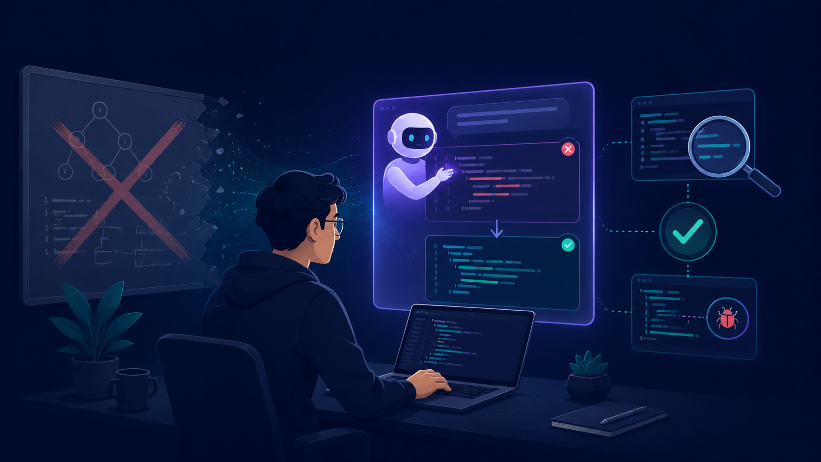 A developer collaborating with an AI assistant to review and correct code, beside a fading whiteboard algorithm, the AI coding interview rebuilt around judgment and collaboration