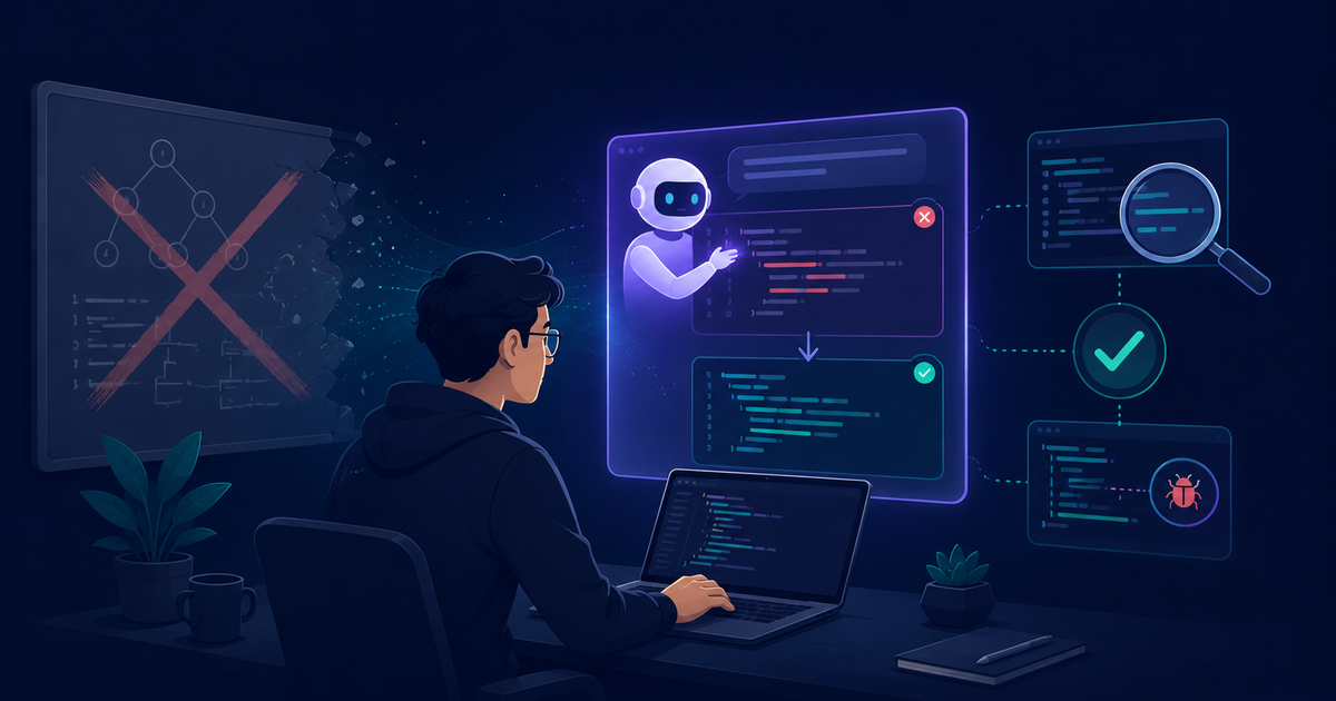 A developer collaborating with an AI assistant to review and correct code, beside a fading whiteboard algorithm, the AI coding interview rebuilt around judgment and collaboration
