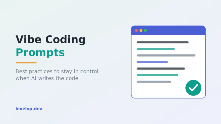 Title banner reading Vibe Coding Prompts, best practices to stay in control when AI writes the code, with a code editor card and a green checkmark, Levelop branding