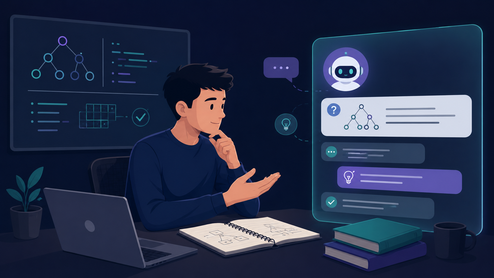 A focused developer using an AI model as a patient study partner to prepare for a technical interview, thinking out loud while the assistant quizzes them and gives feedback