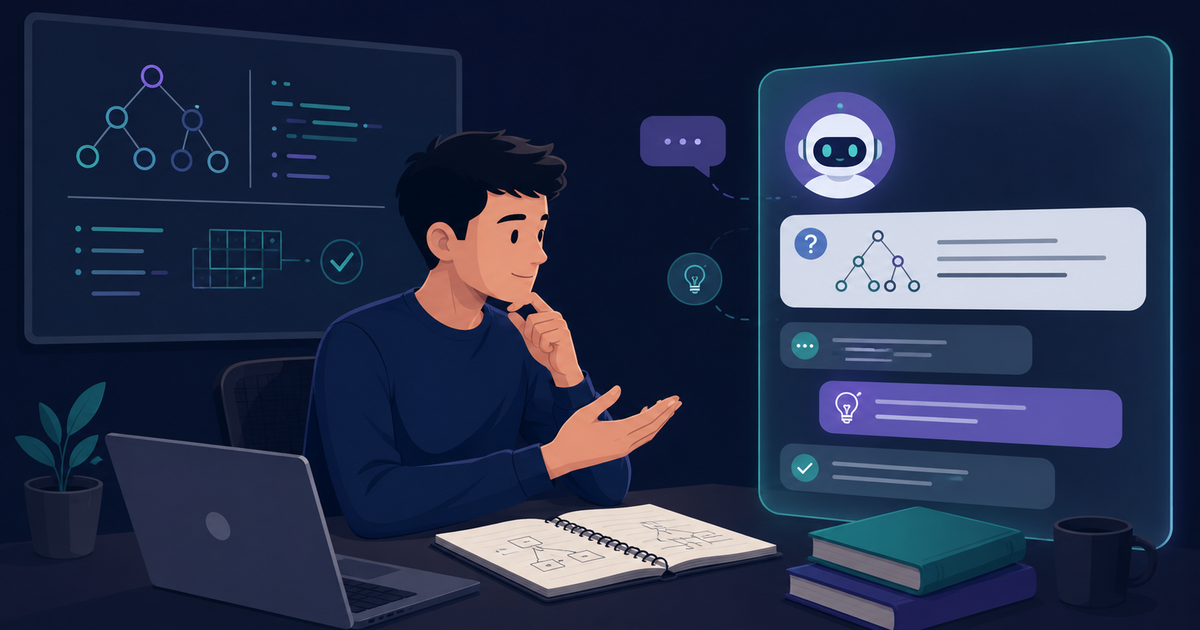 A focused developer using an AI model as a patient study partner to prepare for a technical interview, thinking out loud while the assistant quizzes them and gives feedback