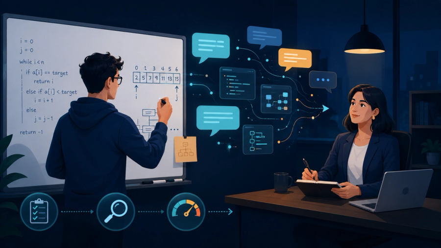 Editorial illustration of an engineer narrating an algorithm at a whiteboard while speech bubbles and evaluation cards drift toward a calm interviewer taking notes, in a deep navy and teal palette, representing an Amazon coding interview where communication matters as much as the code.