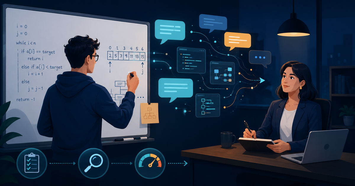 Editorial illustration of an engineer narrating an algorithm at a whiteboard while speech bubbles and evaluation cards drift toward a calm interviewer taking notes, in a deep navy and teal palette, representing an Amazon coding interview where communication matters as much as the code.