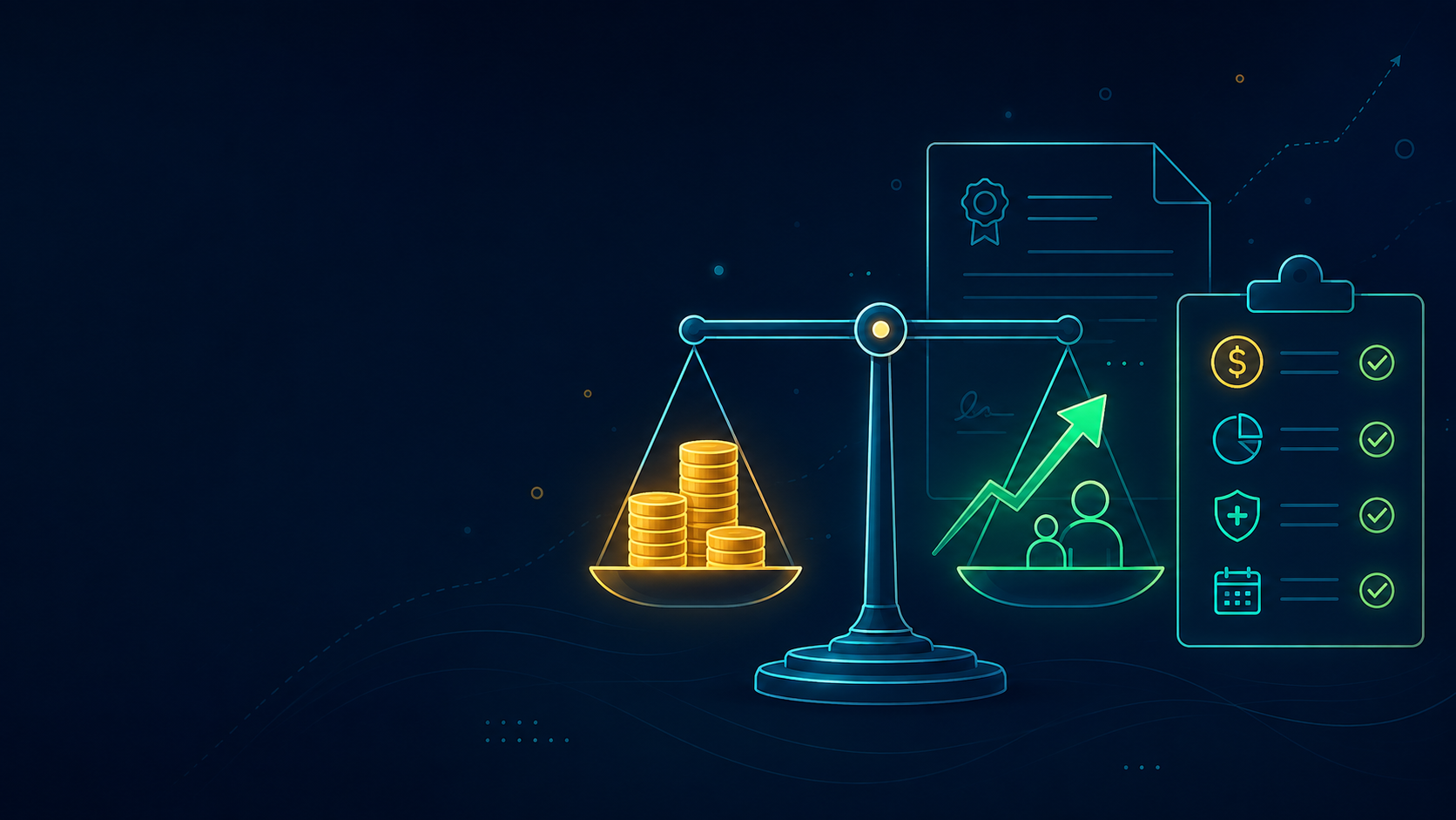 Editorial banner illustration for how to evaluate a job offer, showing a balanced scale weighing salary against career growth alongside an offer letter and a checklist, on a dark navy background.