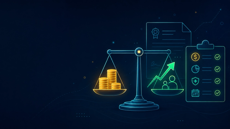 Editorial banner illustration for how to evaluate a job offer, showing a balanced scale weighing salary against career growth alongside an offer letter and a checklist, on a dark navy background.