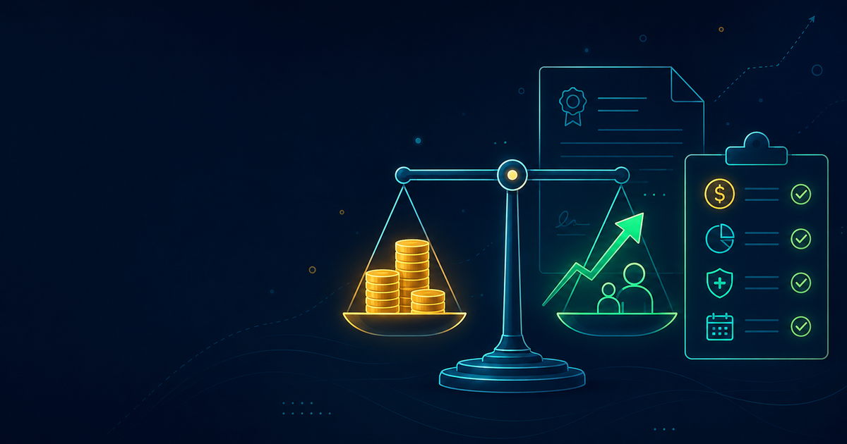 Editorial banner illustration for how to evaluate a job offer, showing a balanced scale weighing salary against career growth alongside an offer letter and a checklist, on a dark navy background.