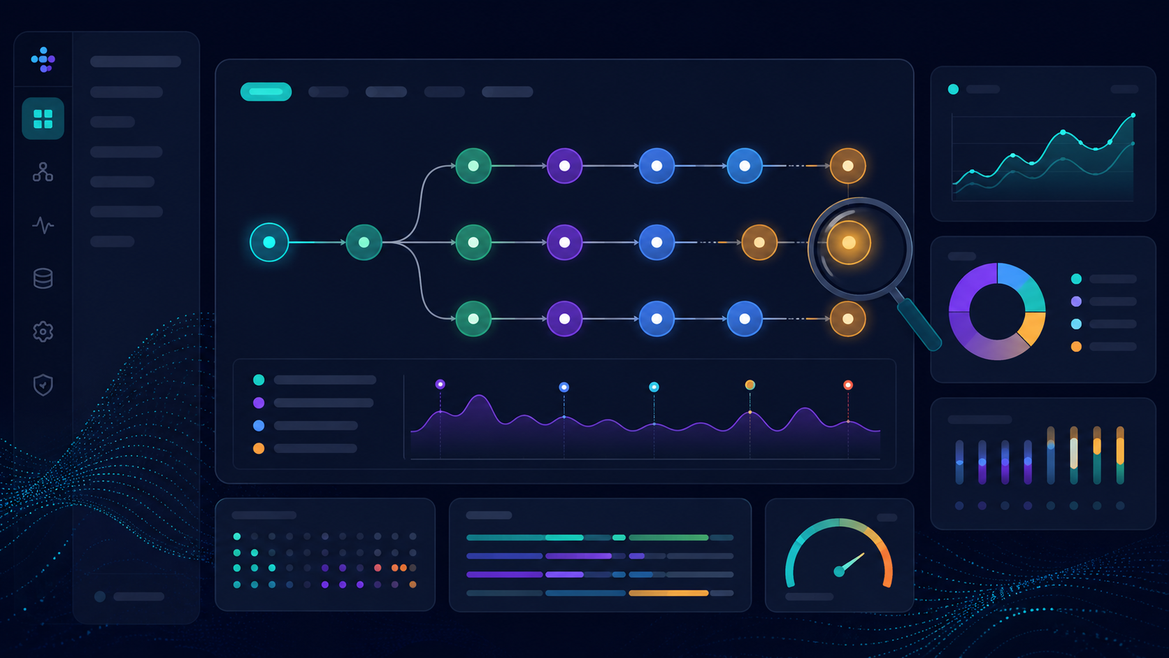 LLM observability dashboard showing a trace span tree, latency charts, and metrics