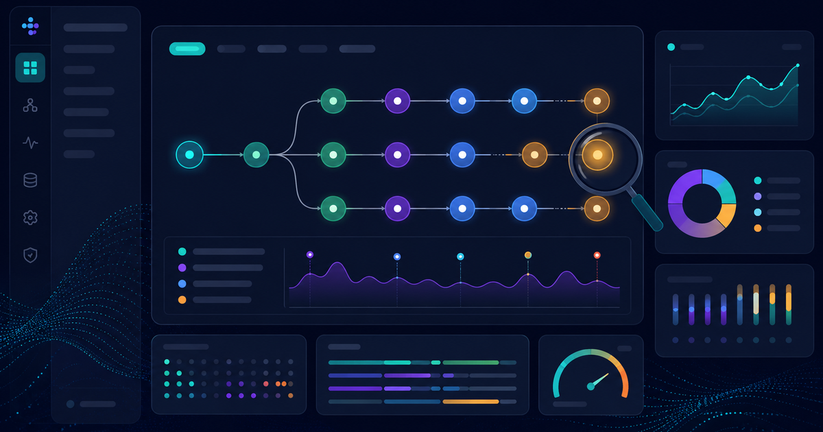 LLM observability dashboard showing a trace span tree, latency charts, and metrics