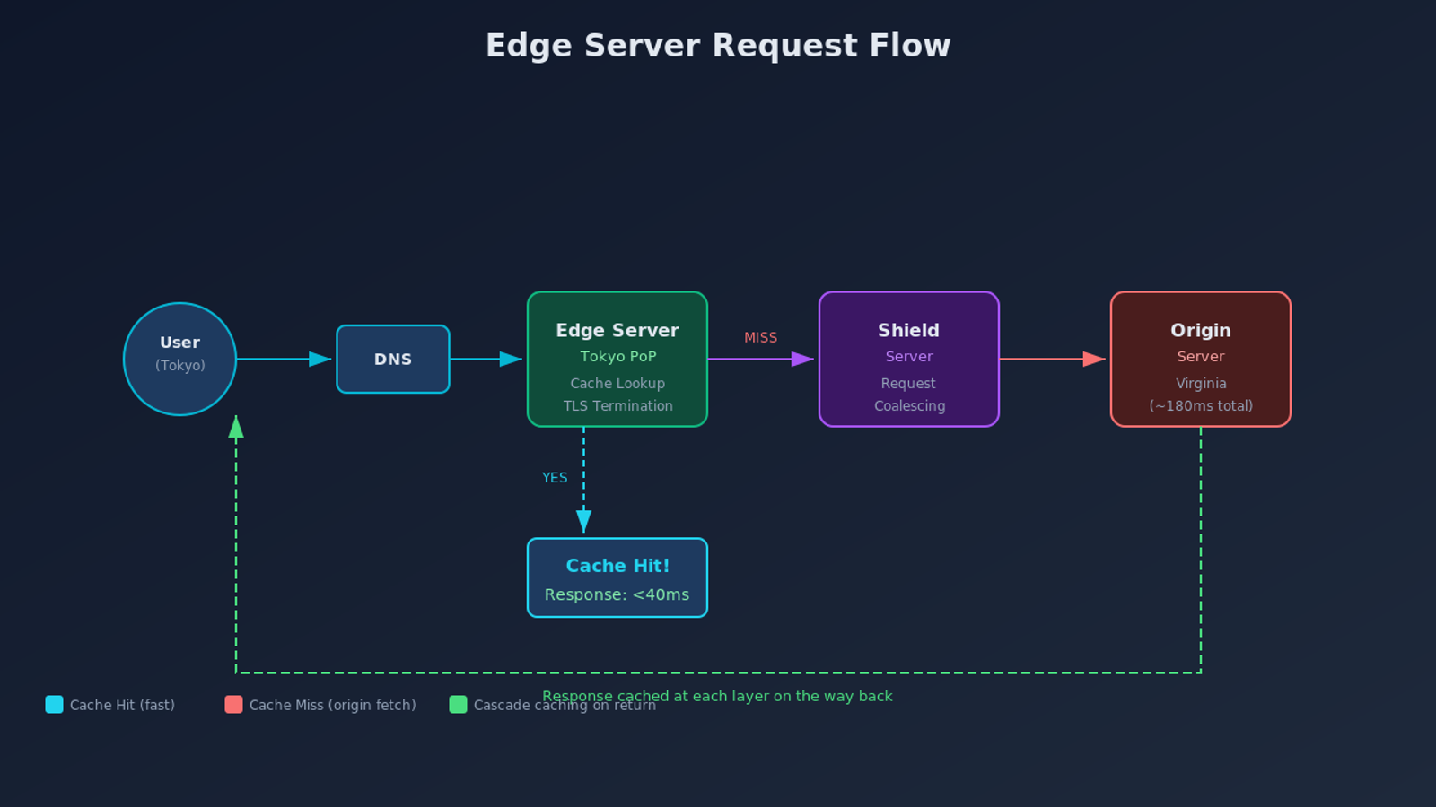 Edge server request flow diagram showing cache hit and miss paths