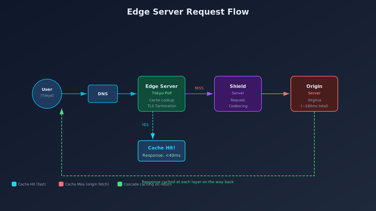 Edge server request flow diagram showing cache hit and miss paths