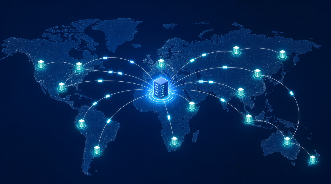 Edge caching and CDN architecture with edge servers connected to origin server across global network