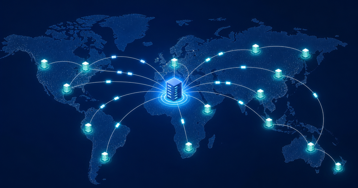 Edge caching and CDN architecture with edge servers connected to origin server across global network
