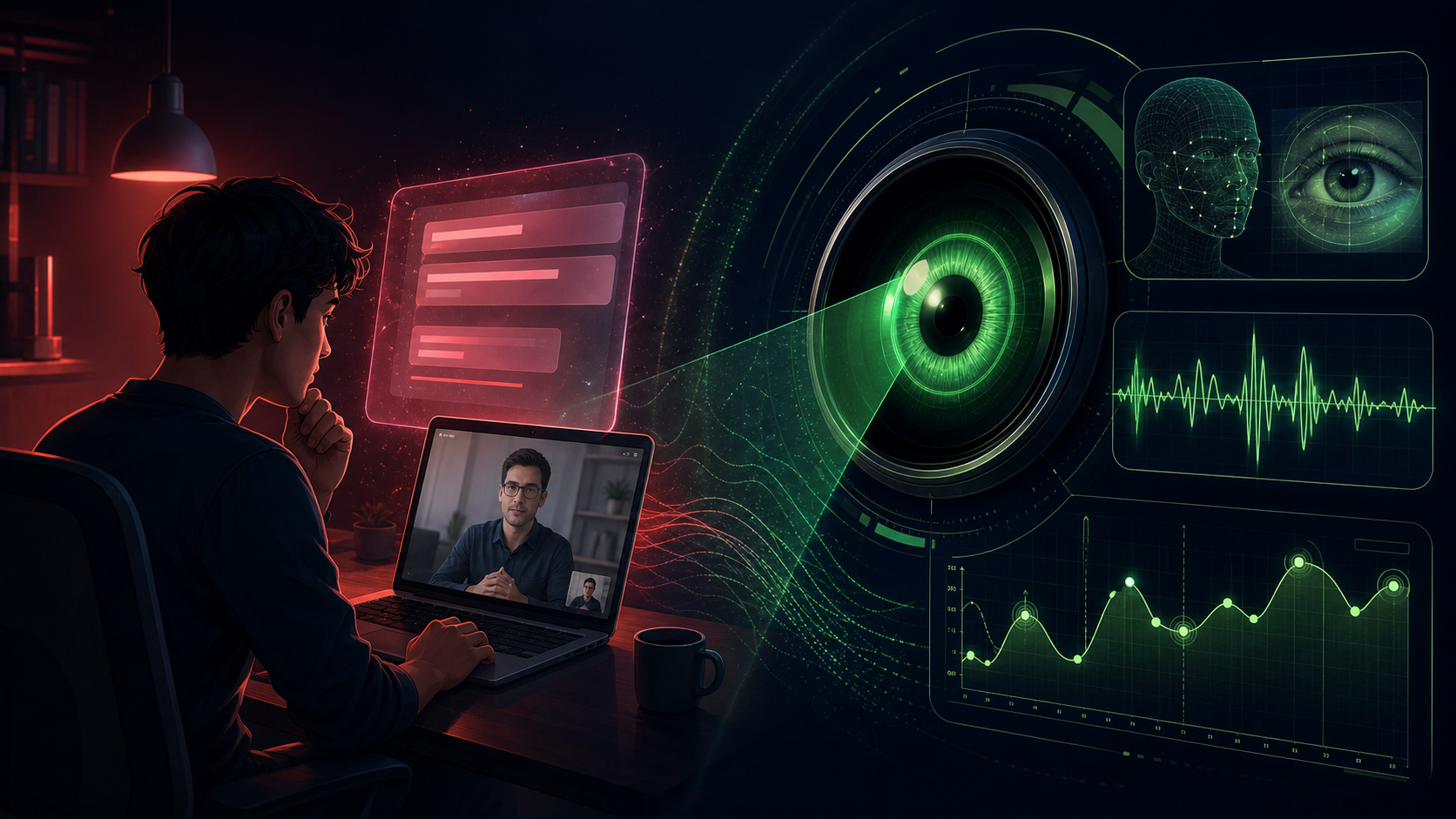 Split illustration of the AI interview cheating arms race: a candidate with a hidden AI overlay on one side and an online proctoring detection system scanning signals on the other