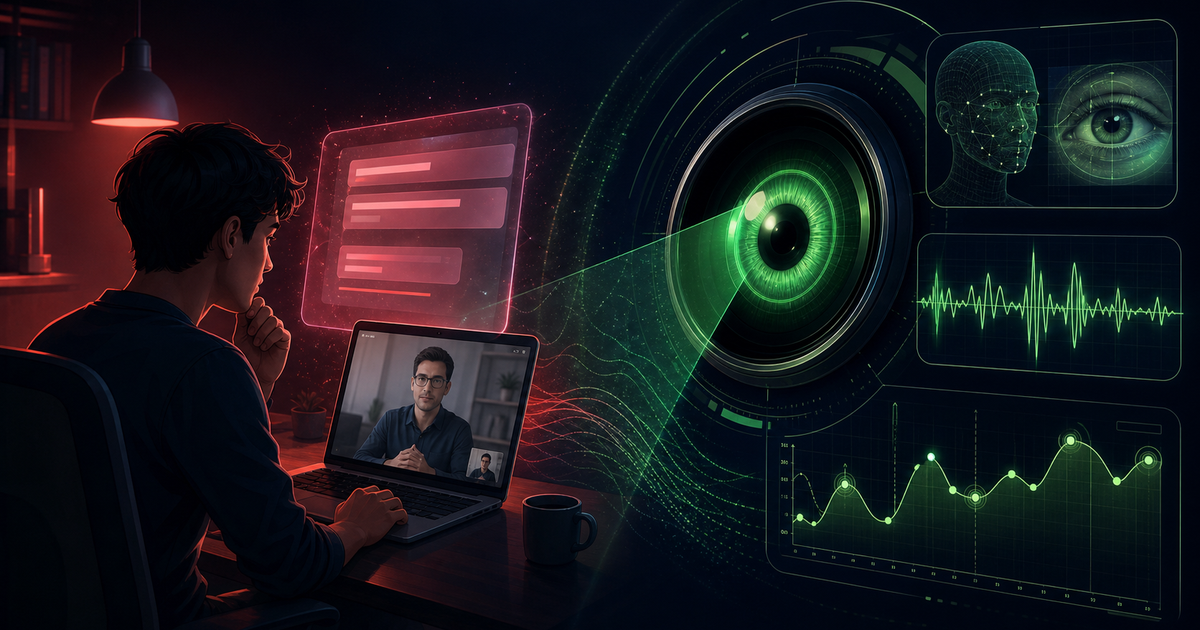 Split illustration of the AI interview cheating arms race: a candidate with a hidden AI overlay on one side and an online proctoring detection system scanning signals on the other