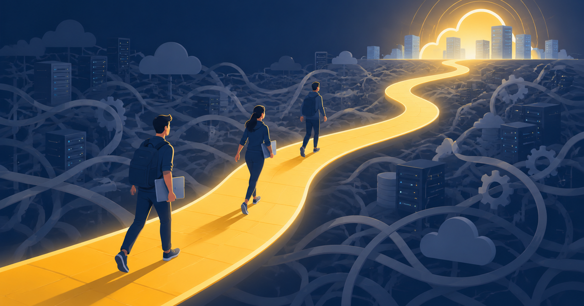 Editorial illustration of a glowing golden path winding through a tangled maze of grey infrastructure toward a bright destination, with developers walking confidently along it