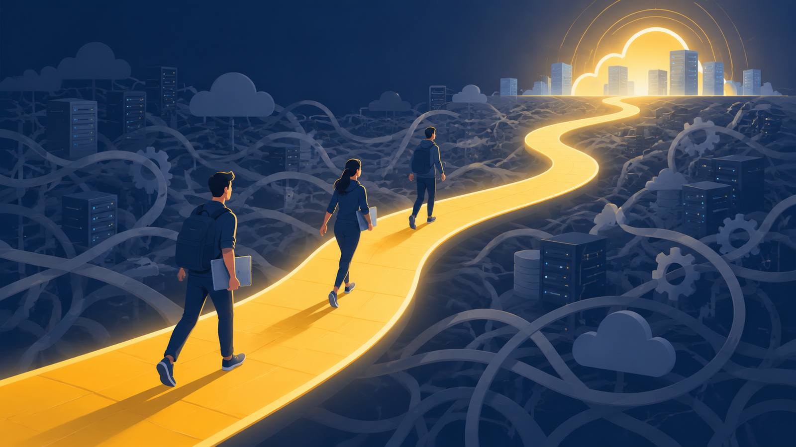 Editorial illustration of a glowing golden path winding through a tangled maze of grey infrastructure toward a bright destination, with developers walking confidently along it