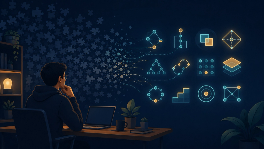 A software engineer at a desk watching scattered puzzle pieces converge into a small set of glowing coding interview patterns