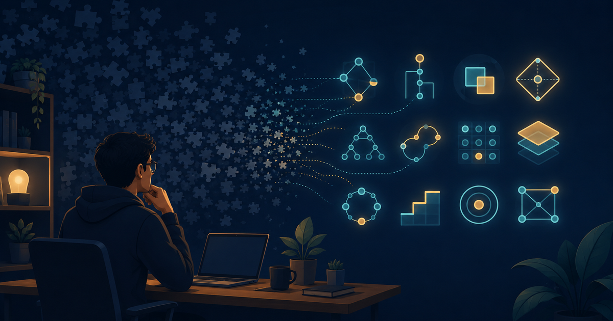 A software engineer at a desk watching scattered puzzle pieces converge into a small set of glowing coding interview patterns