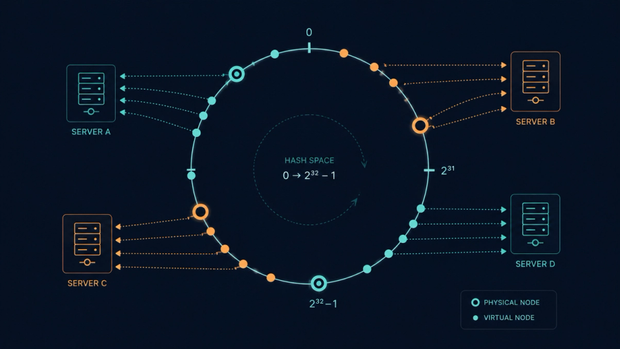 Consistent hashing ring diagram showing virtual nodes distributed across physical servers