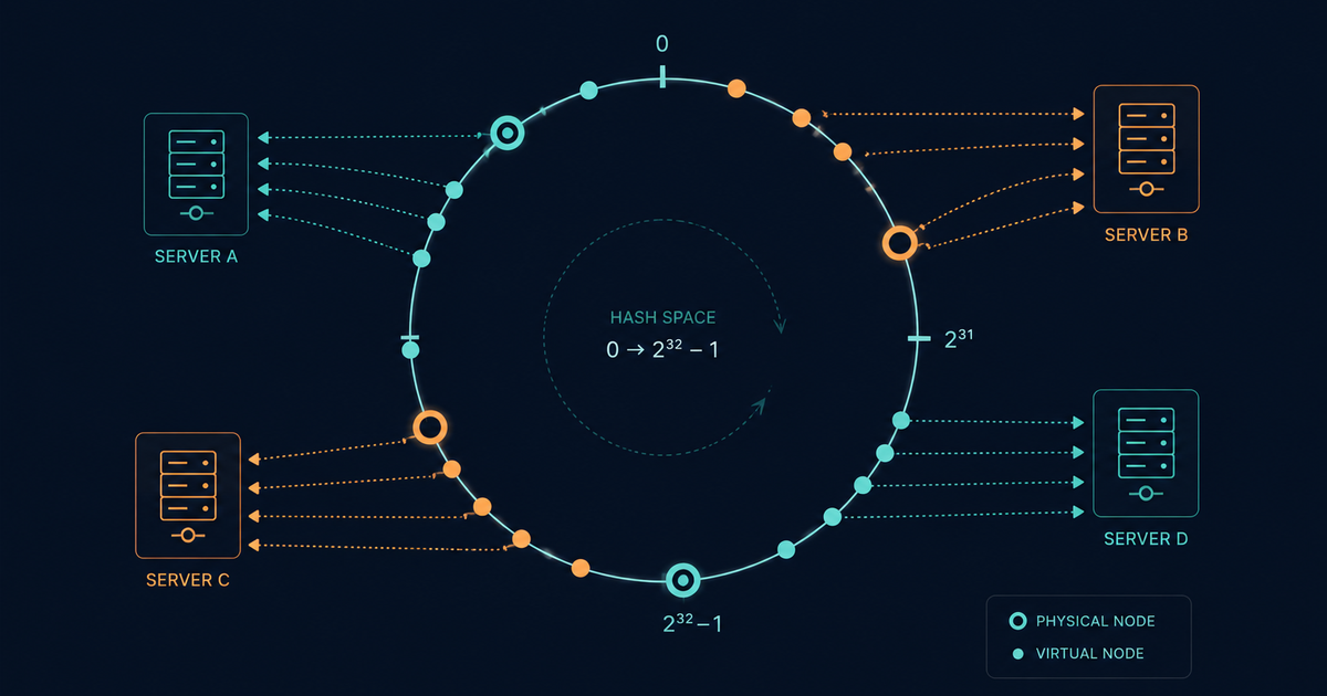 Consistent hashing ring diagram showing virtual nodes distributed across physical servers