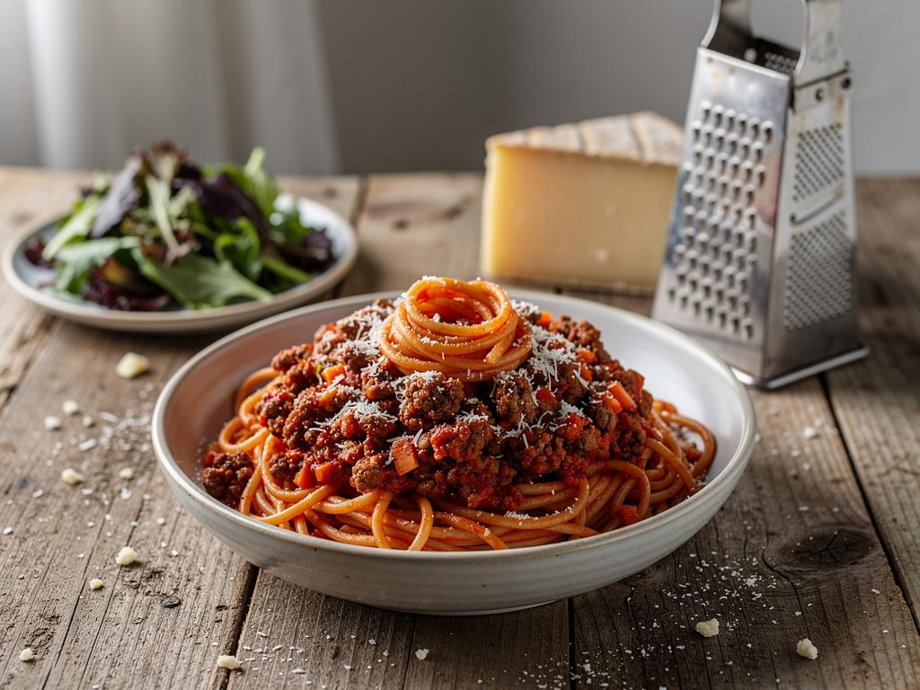 Bowl of spaghetti with thick ground beef tomato sauce and grated Parmesan on top