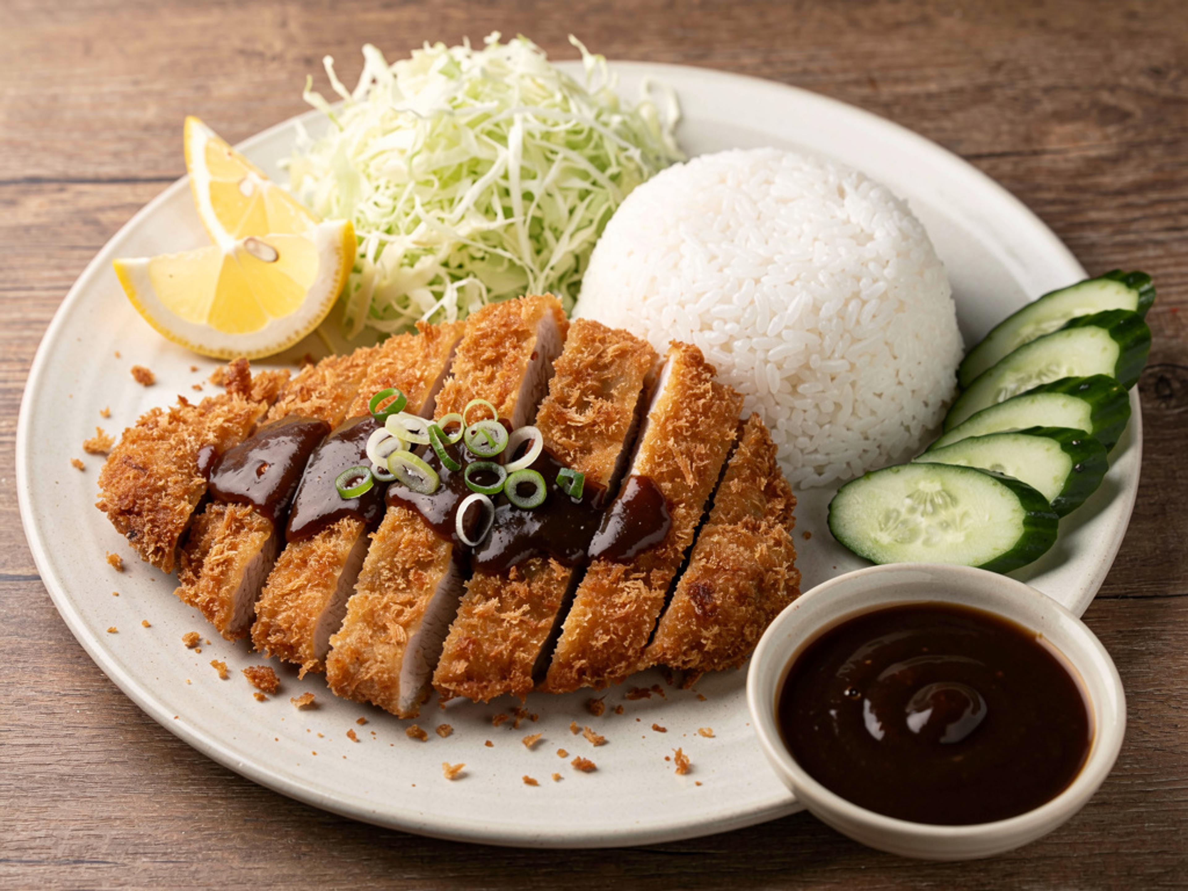 Sliced breaded chicken katsu with dark sauce over white rice, shredded lettuce, cucumber and lemon wedges on a ceramic plate