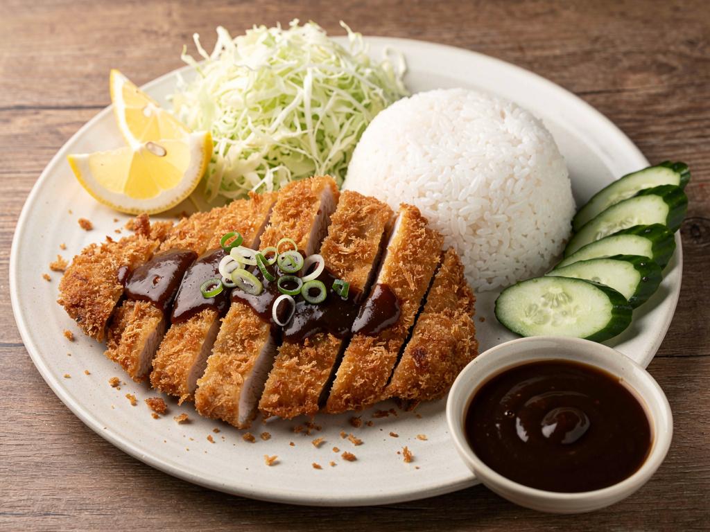 Sliced breaded chicken katsu with dark sauce over white rice, shredded lettuce, cucumber and lemon wedges on a ceramic plate