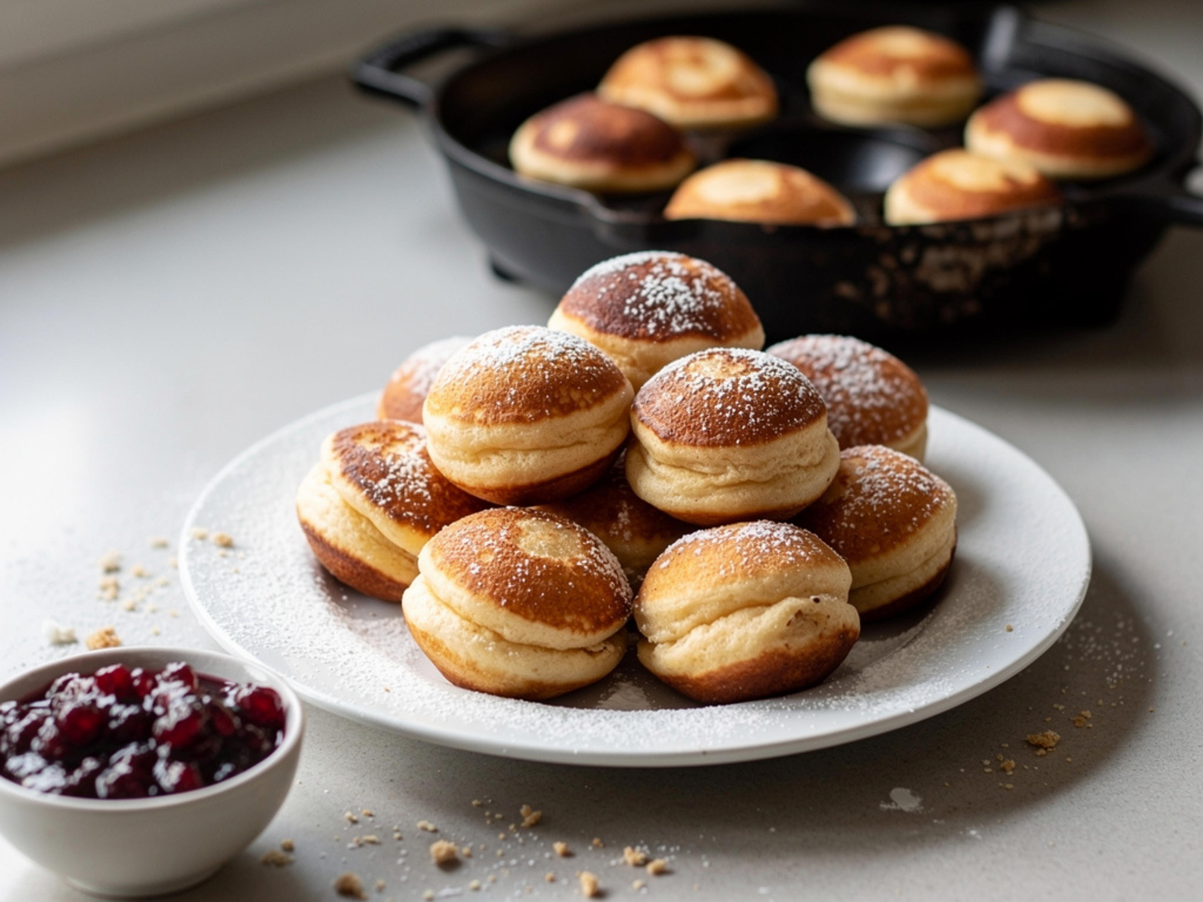 Golden round Danish æbleskiver dusted with confectioners' sugar on a white plate with a bowl of red jam