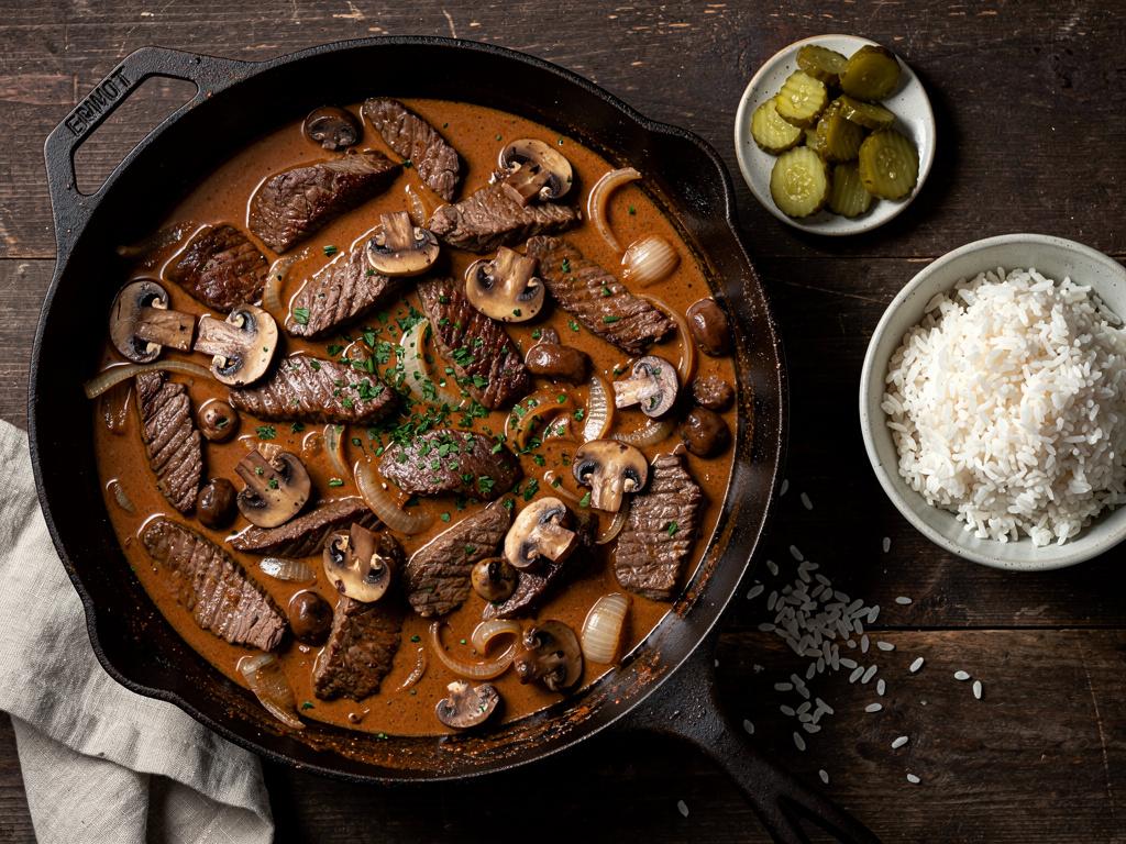 Beef stroganoff with mushrooms in a creamy paprika sauce in a cast iron skillet, parsley on top, with a bowl of rice beside it