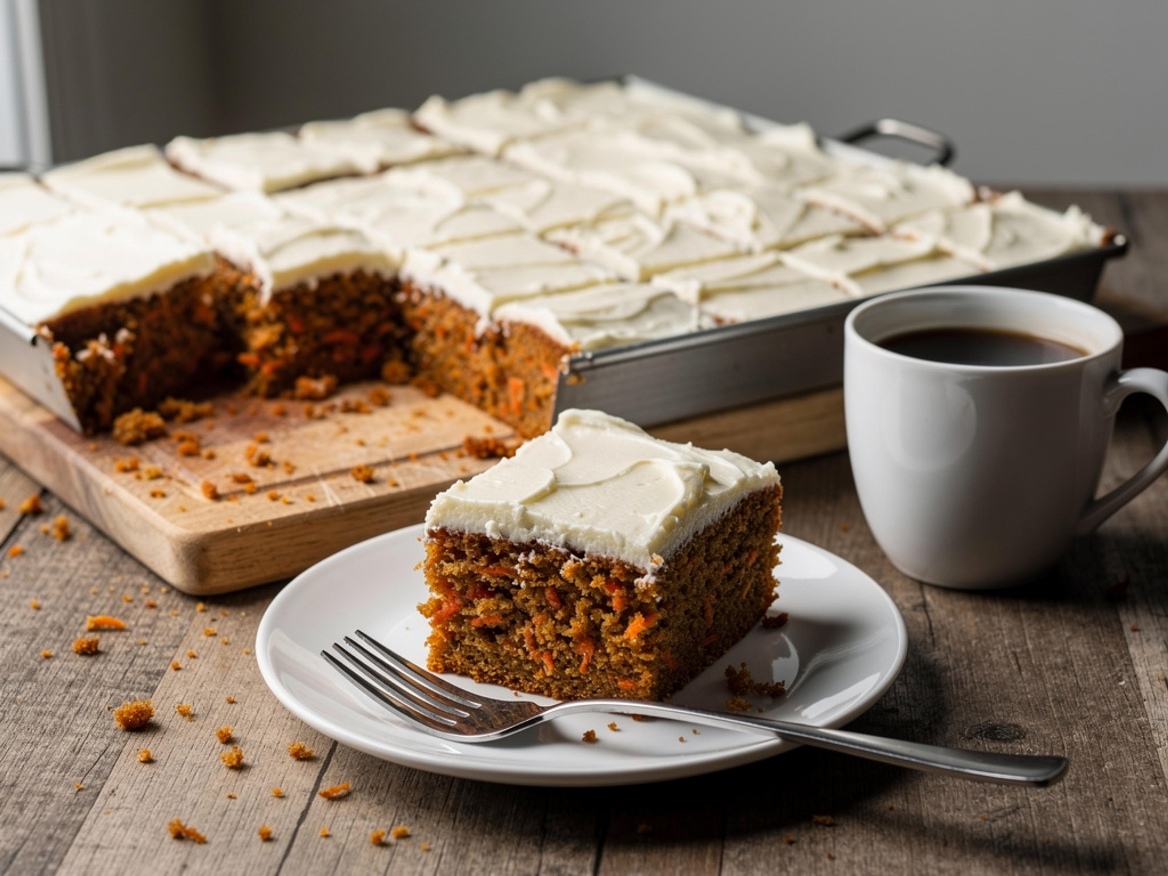Square of carrot cake with thick cream cheese frosting on a small white plate, with the rest of the sheet cake and a cup of coffee behind it