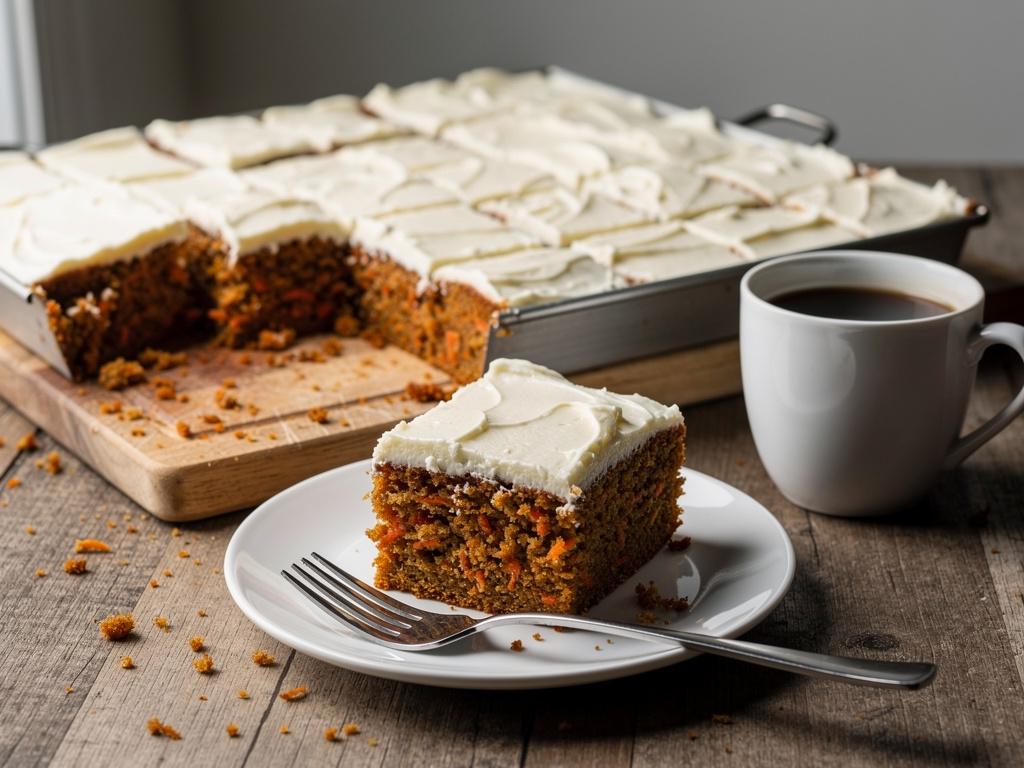 Square of carrot cake with thick cream cheese frosting on a small white plate, with the rest of the sheet cake and a cup of coffee behind it